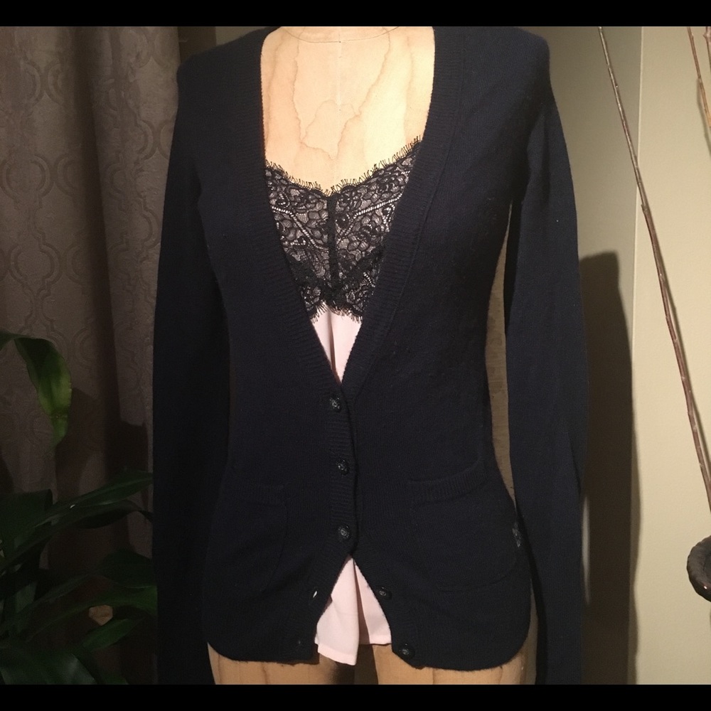 GUC Ruehl No.925 Navy Blue Cashmere Wool Blend V-Neck Cardigan Sweater Size XS - Picture 2 of 8
